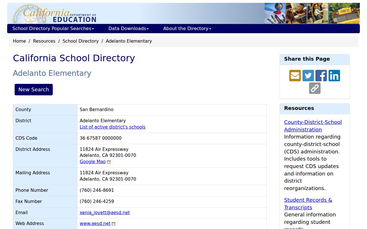 Adelanto people directories CDE school directory record
